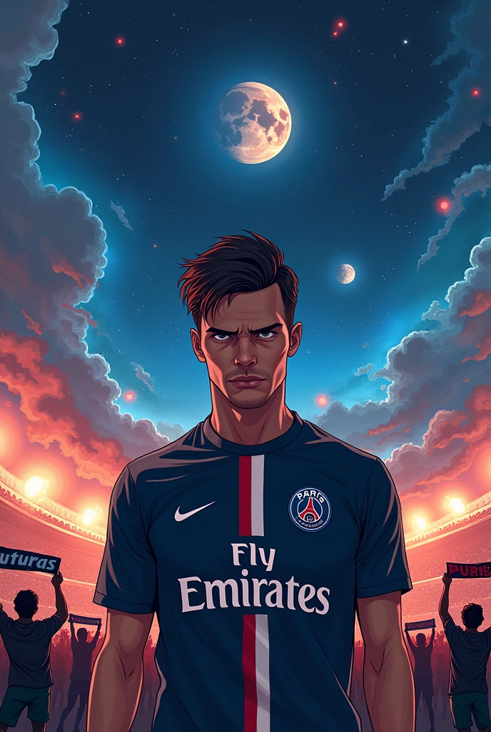Un joueur de football en manga qui porte le maillot du paris saint germain dans l'espace avec des représentations des la ville de Paris qui réfléchit et qui se çoncentre en pensant à la ligue des champions et aux ennemis qui devra combattre pour arriver à son objectif avec en arrière plan,  des supporters brandissant des echaroes Ultra auteuil et des fumigènes. Image qui représente l'espoir la fidélité 
