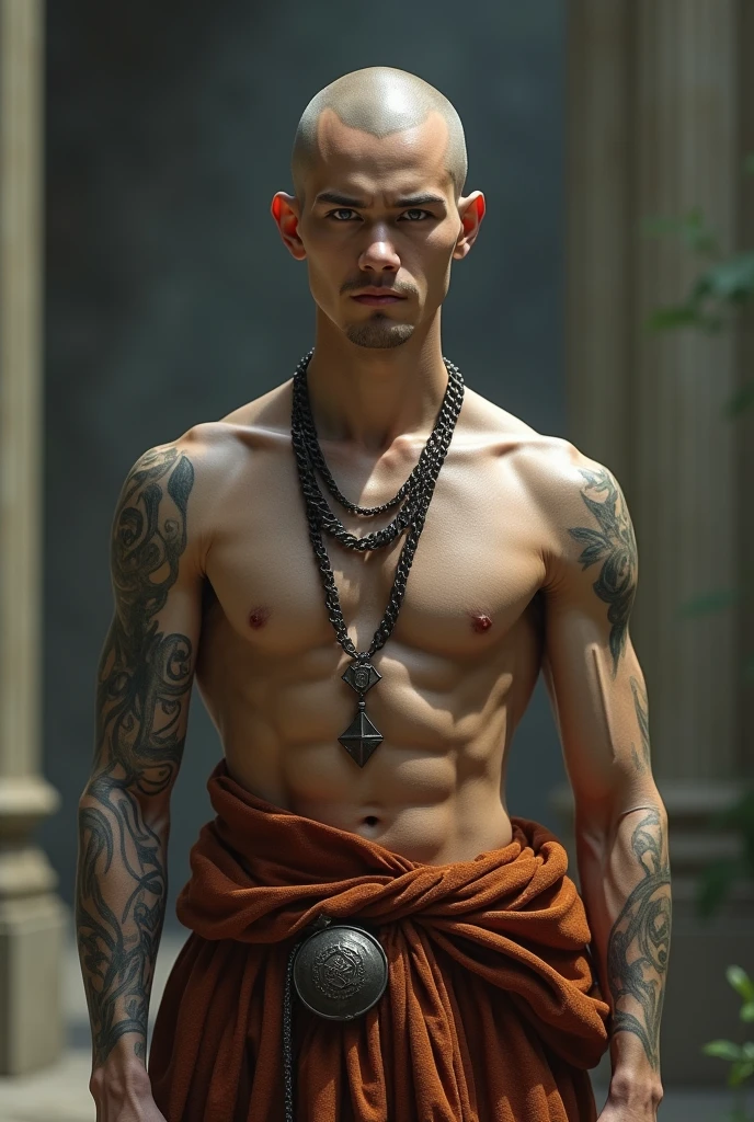 make a bald monk with silver eyes without a shirt with a very muscular and stylish body with approximately 1,70cm full body profile height 