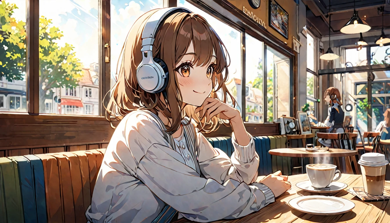 (Brown haired woman wearing headphones), (Enjoying coffee while listening to background music by the window in a cafe), (Very detailed, masterpiece, Highest quality, bright), (Anime Style)
background: A cafe window with natural light streaming in: Gentle smiling costume: Casual one piece pose: Sit in the window seat、Scene with a cup: With pleasant music、Enjoy a moment at the cafe
