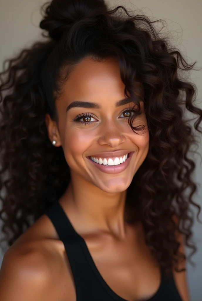 femme américaine de 26 ans , teint noir claire, affichant un teint lightskin éclatant. Elle est brune avec de longs cheveux bouclés avec baby hair qui tombent élégamment sur ses épaules. Son visage est d'une grande beauté, avec des traits délicats et harmonieux. beau sourire radieux et chaleureux qui illumine l'ensemble de son visage, mettant en valeur ses lèvres pleines et ses dents blanches avec appareil dentaire