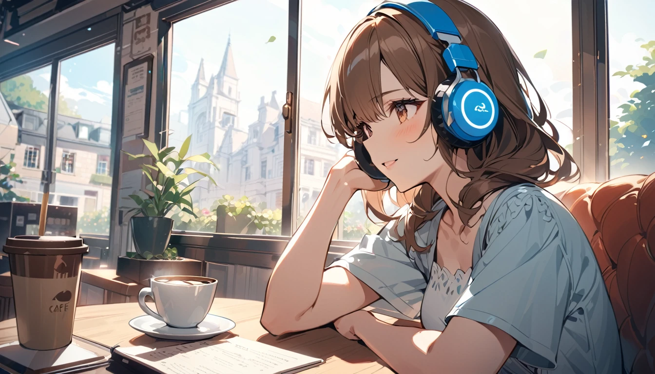 (Brown haired woman wearing headphones), (Enjoying coffee while listening to background music by the window in a cafe), (Very detailed, masterpiece, Highest quality, bright), (Anime Style)
background: A cafe window with natural light streaming in: Gentle smiling costume: Casual one piece pose: Sit in the window seat、Scene with a cup: With pleasant music、Enjoy a moment at the cafe