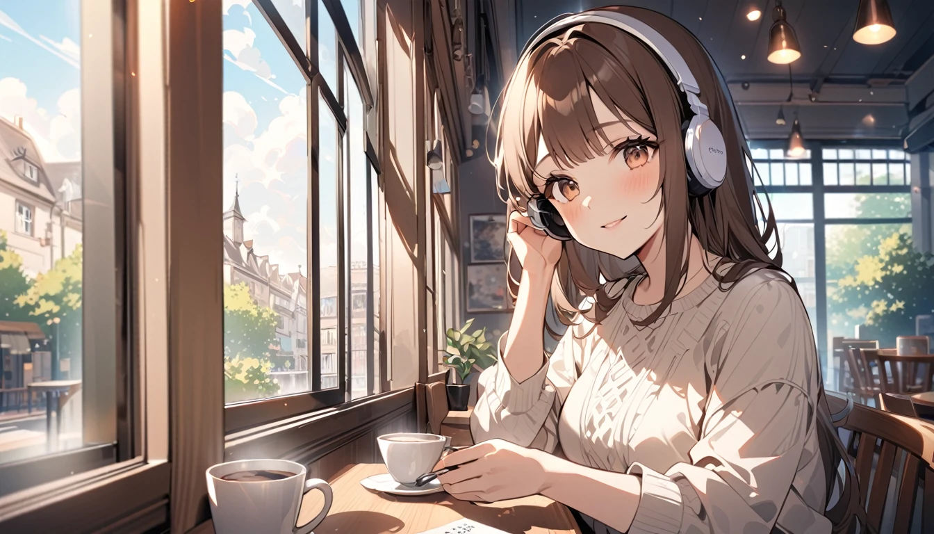 (Brown haired woman wearing headphones), (Enjoying coffee while listening to background music by the window in a cafe), (Very detailed, masterpiece, Highest quality, bright), (Anime Style)
background: A cafe window with natural light streaming in: Gentle smiling costume: Casual one piece pose: Sit in the window seat、Scene with a cup: With pleasant music、Enjoy a moment at the cafe