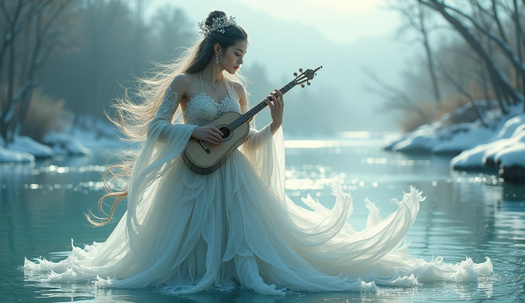 A goddess named Kinnara, half woman and half bird, floating out of the waters of an almost frozen river playing his stringed instrument. The scene is almost frozen, and she is in the foreground. In a very dramatic oriental aesthetic. Emphasizing its bird characteristics 
