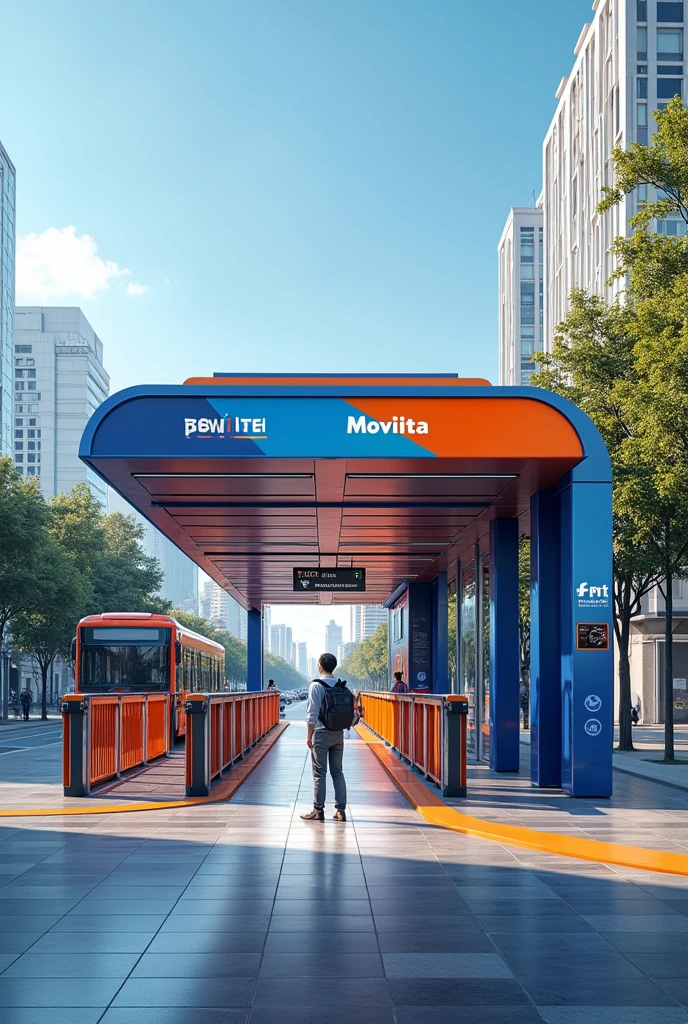 make an image of a BRT station in orange and blue with turnstiles to pay the fare with the logo of the BRT controlling company ( MovI Ita ) and with a bus in the same mold