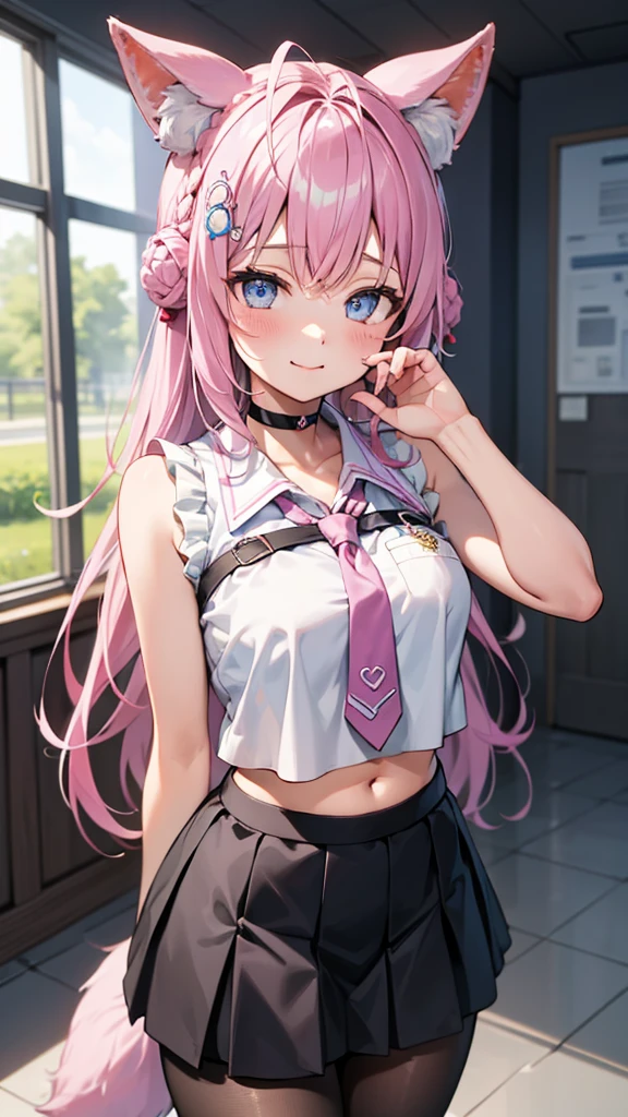 The Masterpiece,best qualiy,Hi-Res,standing a,DEF1,lora:Koyori-000015:1,pink tie,tights,hairornaments,lilac eyes,One-sided braid,smiles,1girl, animal ear fluff, animal ears, arm behind back, bangs, black choker, black skirt, Blue eyes, blush, braid, braided bun, breasts, brown pantyhose, choker, closed mouth, cowboy shot, (pose), crown braid, double bun, frilled skirt, frills, hair bun, hair ornament, hakui koyori, indoors, long hair, medium breasts, midriff, miniskirt, navel, necktie, pantyhose, pink hair, pink necktie, shirt, skirt, sleeveless, sleeveless shirt, smile, solo, standing, tail, hite shirt, wolf ears, Wolf tail, masterpiece,highres,best quality, masterpiece, best quality, ultra-detailed,Covered in white milk、Bathed in white milk、