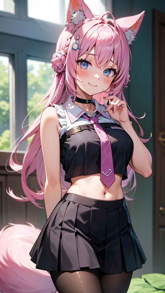 The Masterpiece,best qualiy,Hi-Res,standing a,DEF1,lora:Koyori-000015:1,pink tie,tights,hairornaments,lilac eyes,One-sided braid,smiles,1girl, animal ear fluff, animal ears, arm behind back, bangs, black choker, black skirt, Blue eyes, blush, braid, braided bun, breasts, brown pantyhose, choker, closed mouth, cowboy shot, (pose), crown braid, double bun, frilled skirt, frills, hair bun, hair ornament, hakui koyori, indoors, long hair, medium breasts, midriff, miniskirt, navel, necktie, pantyhose, pink hair, pink necktie, shirt, skirt, sleeveless, sleeveless shirt, smile, solo, standing, tail, hite shirt, wolf ears, Wolf tail, masterpiece,highres,best quality, masterpiece, best quality, ultra-detailed,Covered in white milk、Bathed in white milk、