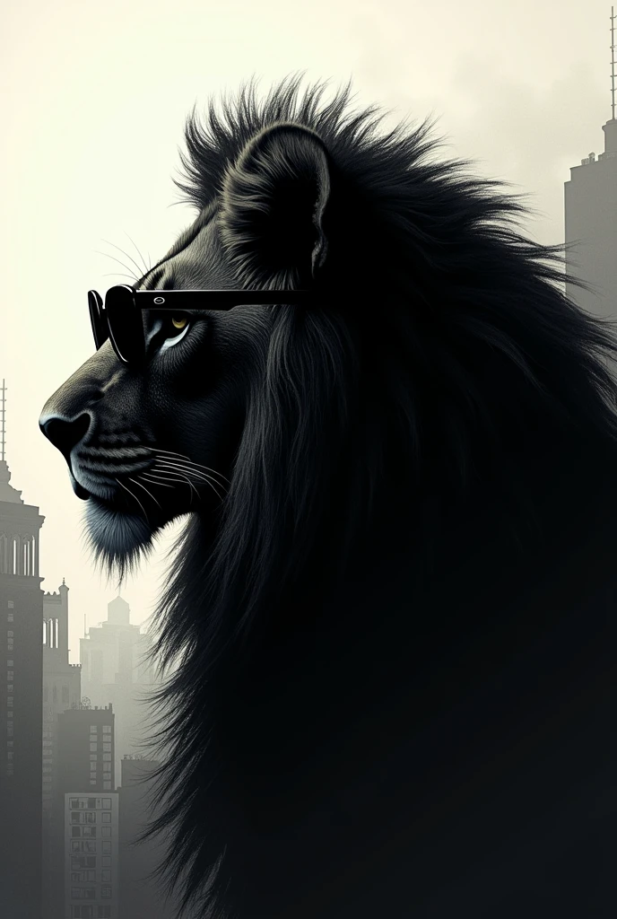 Silhouette of a lion's face facing forward with an urban flow and dark glasses that transmit tranquility