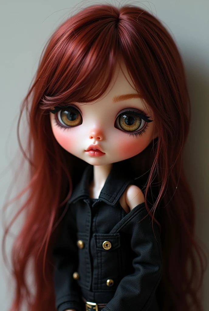 Blythe doll with dark red hair with side bangs on the right and chest length hair, light brown eyes and pale brown skin and emo style