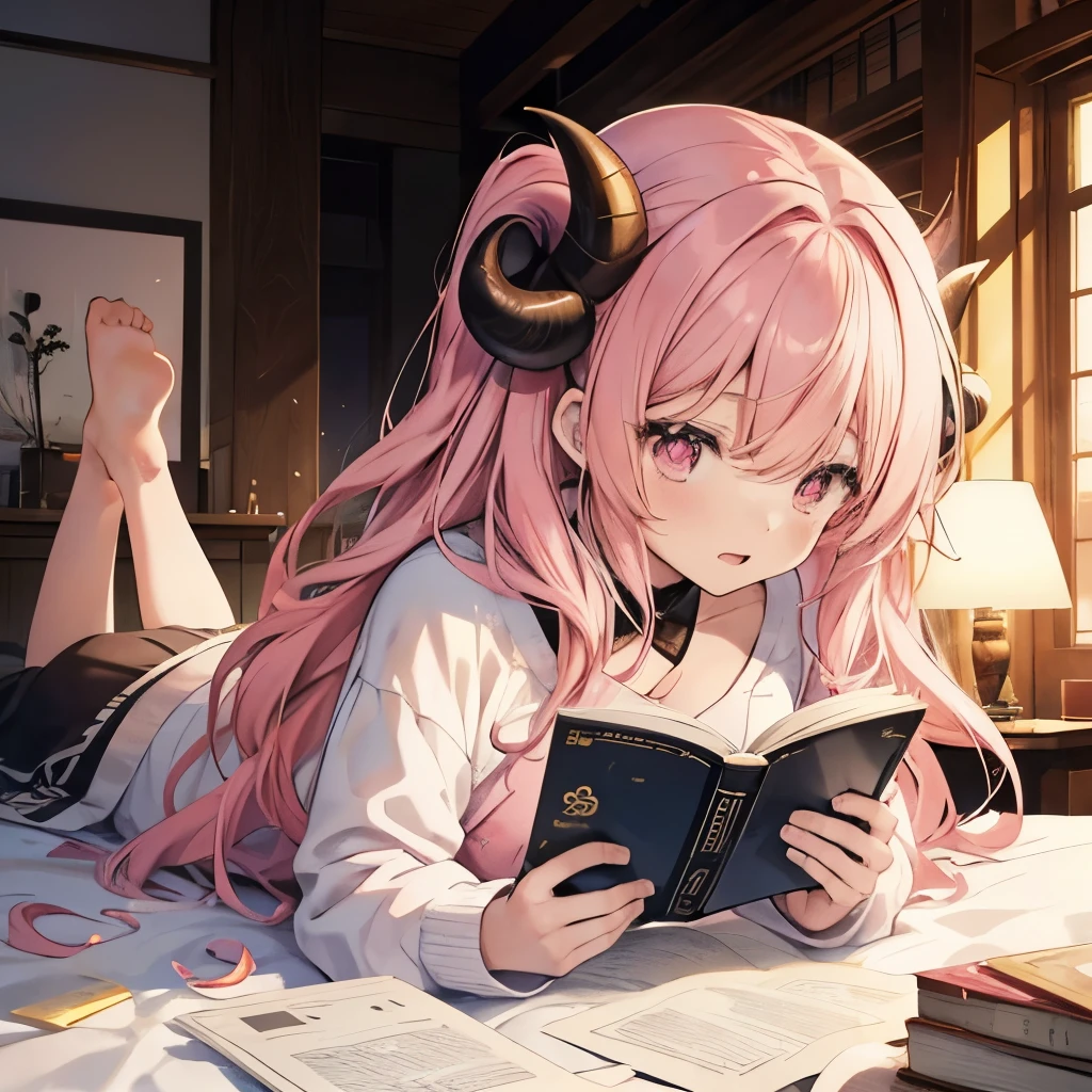 An anime-style illustration of ‘Fua-chan’ lying down while reading a manga, with a surprised expression. Fua-chan has distinctive features: long pink hair styled in soft curls resembling sheep’s horns, and pink eyes. She is depicted lying comfortably on her stomach on a bed or sofa, holding a manga book in front of her. Her eyes are wide, and her mouth is slightly open in shock or amazement as she reacts to something unexpected in the story. The background shows a cozy and softly lit room with a few personal items scattered around, creating a relaxed and intimate atmosphere.