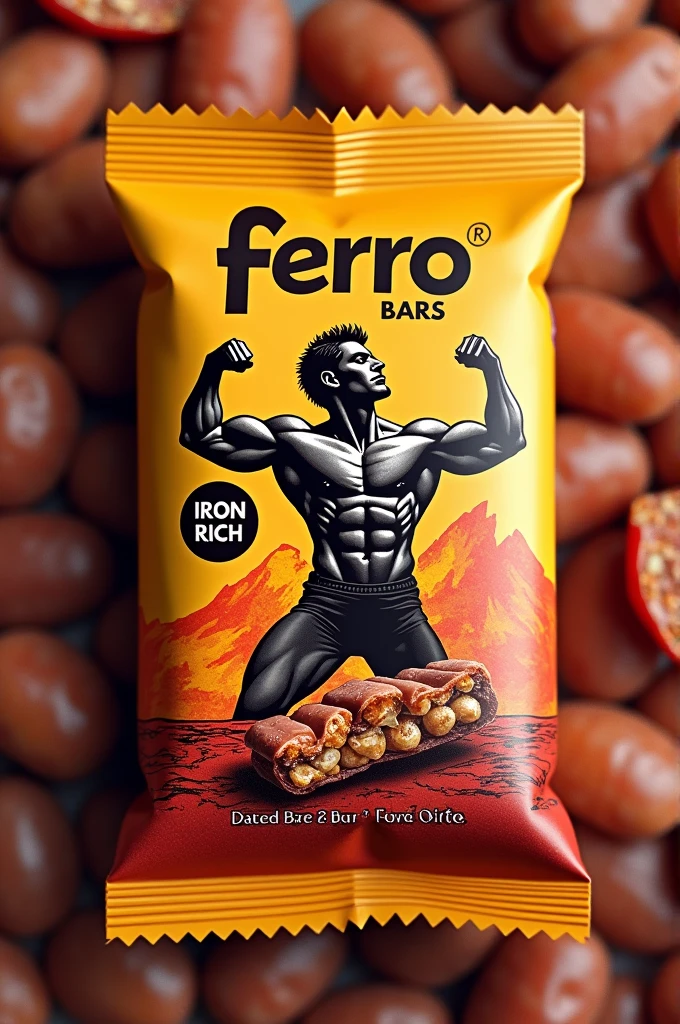 Design package for a snack that is a date bar  rich in iron . Its name should be Ferro Bars . It should show that by eating it you will get strength and Iron.
