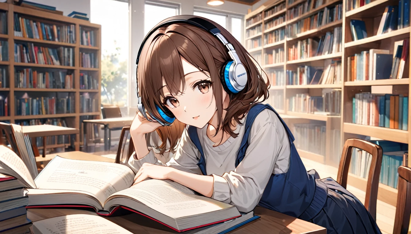 (Brown haired woman wearing headphones), (Reading while listening to background music in the library), (Very detailed, masterpiece, Highest quality, bright), (Anime Style)
background: Expressions in a quiet library: Focus on the book、Calm expression costume: Casual top and skirt pose: Sit at a desk、Reading a book: In the quiet library、Surrounded by pleasant background music