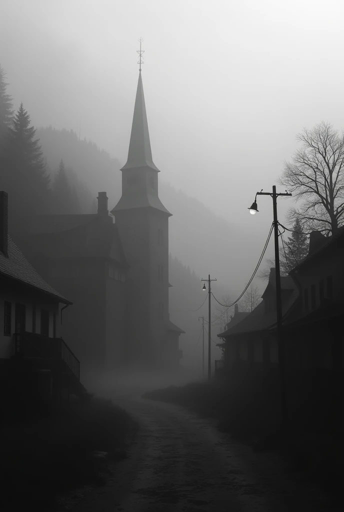 (photorealism:16.9), A small town between shadows and fog, Black and white image
