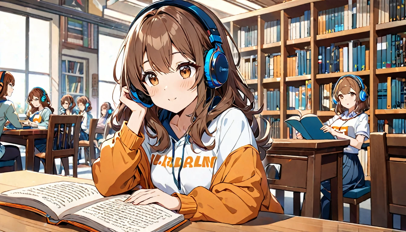 (Brown haired woman wearing headphones), (Reading while listening to background music in the library), (Very detailed, masterpiece, Highest quality, bright), (Anime Style)
background: Expressions in a quiet library: Focus on the book、Calm expression costume: Casual top and skirt pose: Sit at a desk、Reading a book: In the quiet library、Surrounded by pleasant background music