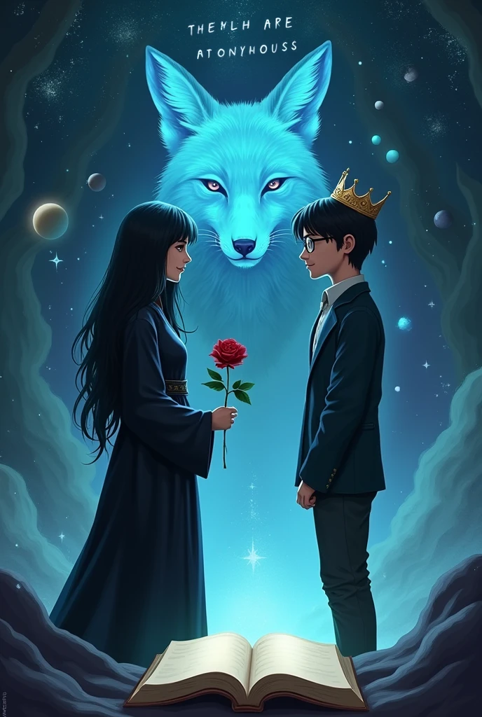 Perselus Pitonnak, the head of Slytherin house must be in the picture, in a black robe, long, egyenes fekete hajjal, with a red rose in her hand, standing with her back to him, Harry Potter's -yeld se in glasses. crown on his head. In the background is a blue glowing fox in the middle, similar to protective charms, outer space, the shooting stars, the smaller planets and the two characters have one open, it must be on a blank book. THEY ARE ANONYMOUS should appear at the top of the image.