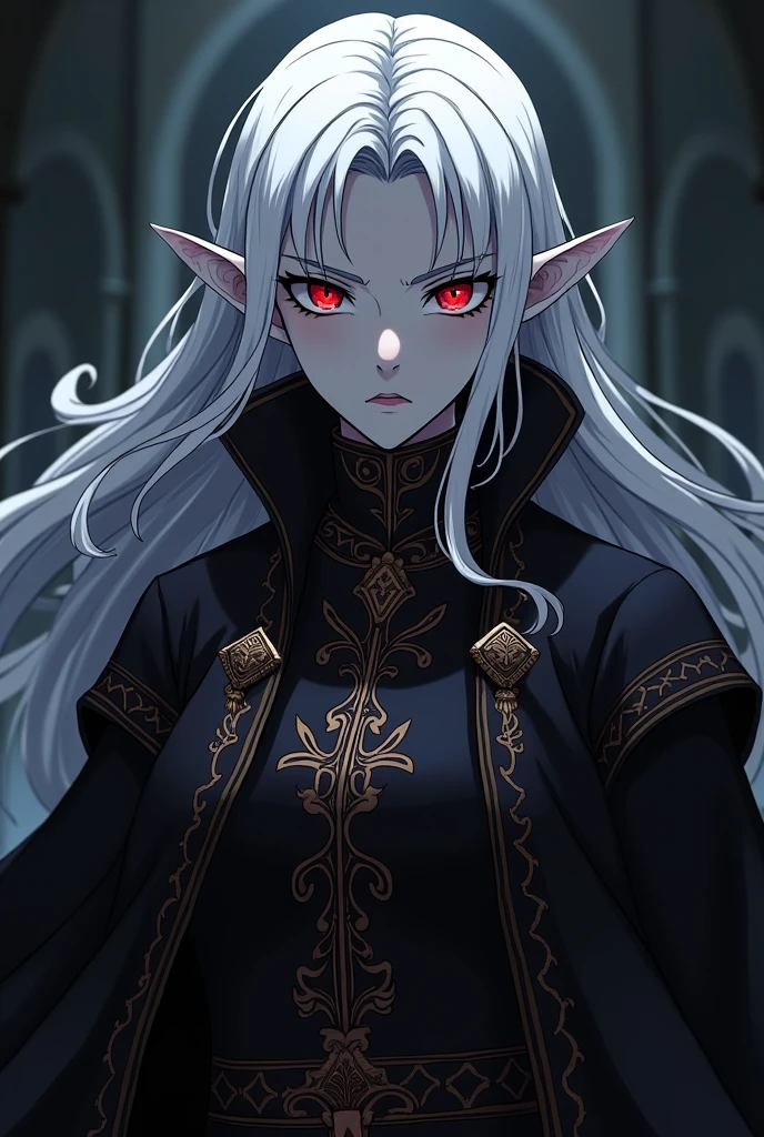 Black elf woman with gray skin tone, long white hair and angry, serious red eyes, wearing medieval noble robes in black, in the style of the image in the anime Black Clover