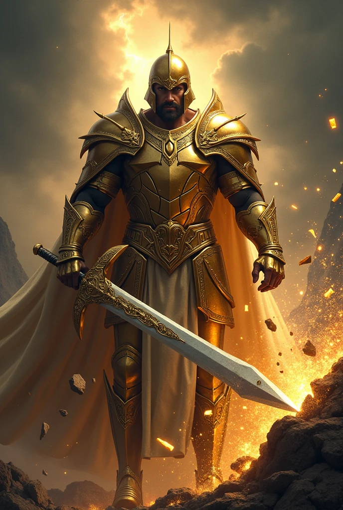 Description of the cover:
fund: The cover background should be a dramatic, dark landscape, perhaps a stormy sky with heavy clouds and lightning flashing in the distance. This setting creates an epic and intense tone..
soldier: In the center of the cover, there is an imposing soldier, dressed in shiny, detailed armor, that reminds me of "God's armor" described in Ephesians 6. in his arm is the shield of faith and he is holding the sword and cutting chains ,The armor must be shiny and golden, meticulously designed., with shiny plates and ornamental details that reflect light Action: The soldier is in a dynamic pose, holding a large and powerful sword that is cutting heavy chains. The chains break in many directions, with fragments flying around, symbolizing liberation and the breaking of bonds. many broken chains around the soldier Expression: The soldier's expression is determined and courageous, conveying a sense of courage and determination. His gaze is firm, and your posture conveys strength and confidence.
Additional Detail: Add glow and light around the broken chains and the soldier's sword and helmet to highlight the action and sense of power.. touches of light can also be added to the armor to give a more heroic effect.