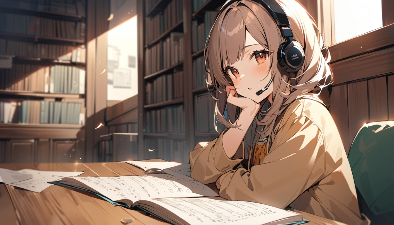 (Brown haired woman wearing headphones), (Reading while listening to background music in the library), (Very detailed, masterpiece, Highest quality, bright), (Anime Style)
background: Expressions in a quiet library: Focus on the book、Calm expression costume: Casual top and skirt pose: Sit at a desk、Reading a book: In the quiet library、Surrounded by pleasant background music