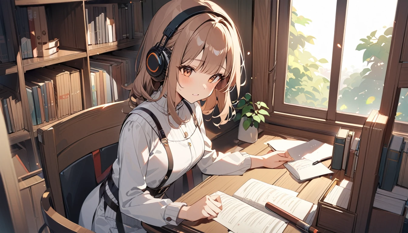 (Brown haired woman wearing headphones), (Reading while listening to background music in the library), (Very detailed, masterpiece, Highest quality, bright), (Anime Style)
background: Expressions in a quiet library: Focus on the book、Calm expression costume: Casual top and skirt pose: Sit at a desk、Reading a book: In the quiet library、Surrounded by pleasant background music