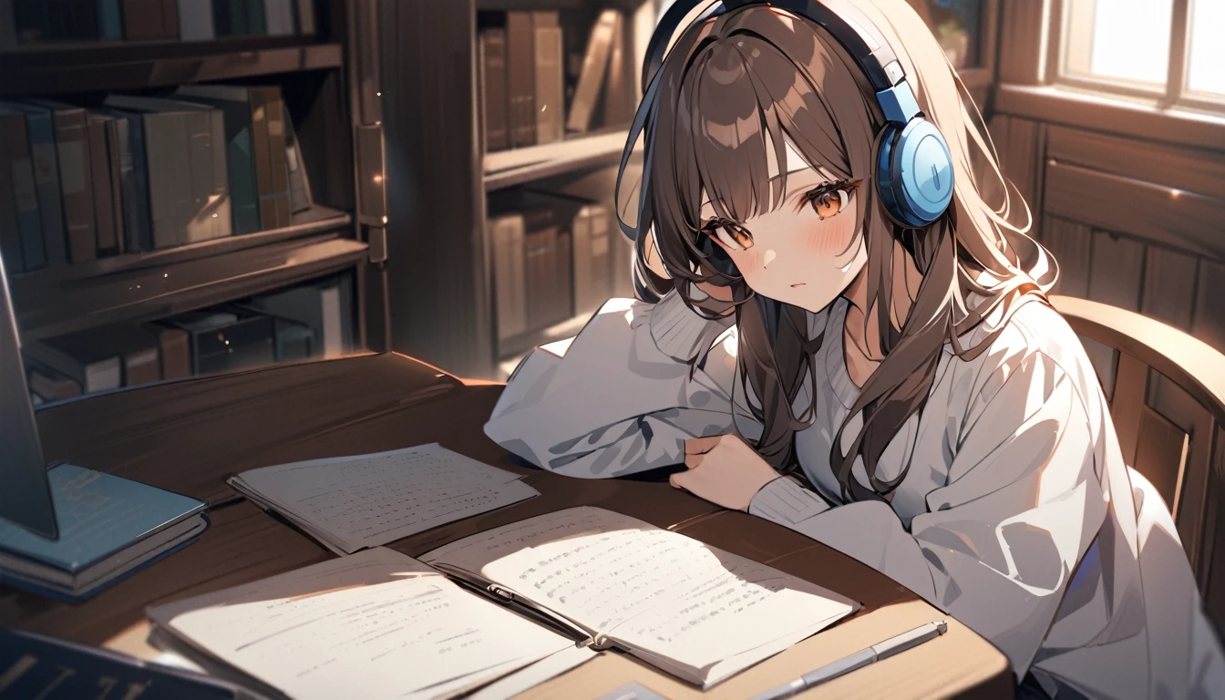 (Brown haired woman wearing headphones), (Reading while listening to background music in the library), (Very detailed, masterpiece, Highest quality, bright), (Anime Style)
background: Expressions in a quiet library: Focus on the book、Calm expression costume: Casual top and skirt pose: Sit at a desk、Reading a book: In the quiet library、Surrounded by pleasant background music