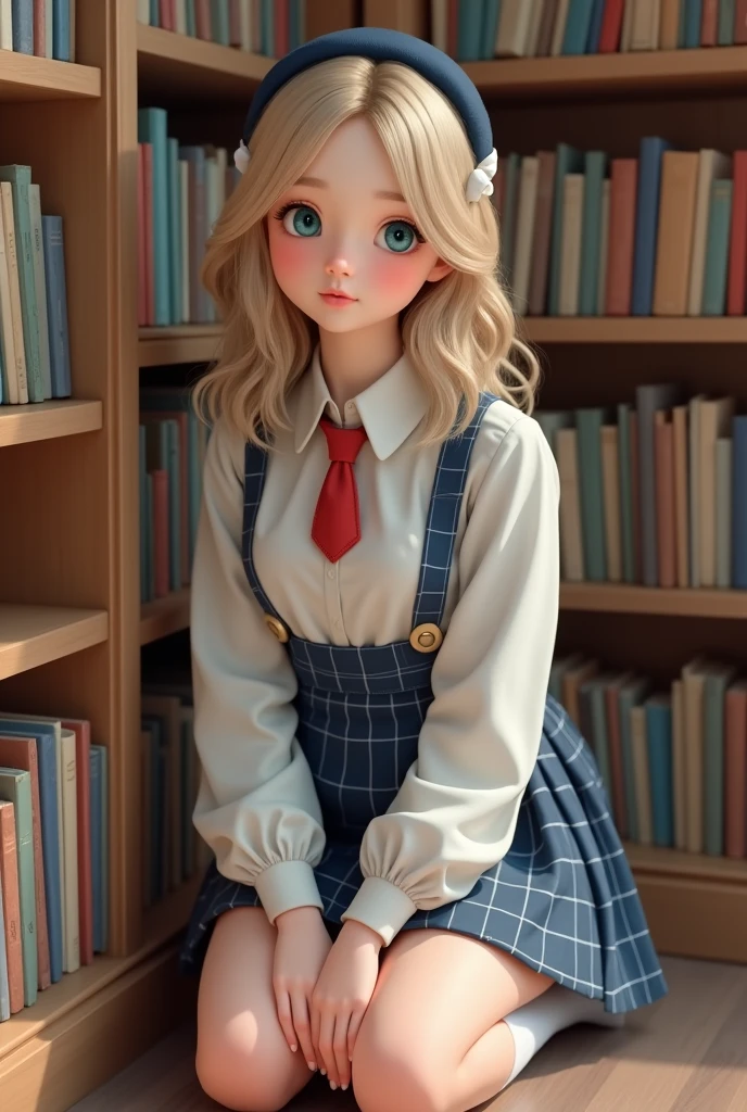 (Masterpiece), (Realistic), (best quality), (8K), ultra-detailed, UHD, RAW, Scandinavian (young) woman, very cute woman, innocent woman, tan:1.4, round, realistic blonde hair, thin:1.3 arched eyebrows, realistic symmetric {blue:1.2} eyes, thin almond upturned eyes, round:1.4 cheeks, thin beautiful symmetric nose, small face, cheek dimples:1.4, arched chin, broad jaw, 150cm feminine body, wearing ({checkered navy_blue and white} micro mini skirt) and ({white} shirt) and ({red} mini tie), (navy_blue hairband), (white) stockings, friendly and cute expression, at the library, on her knees on the floor