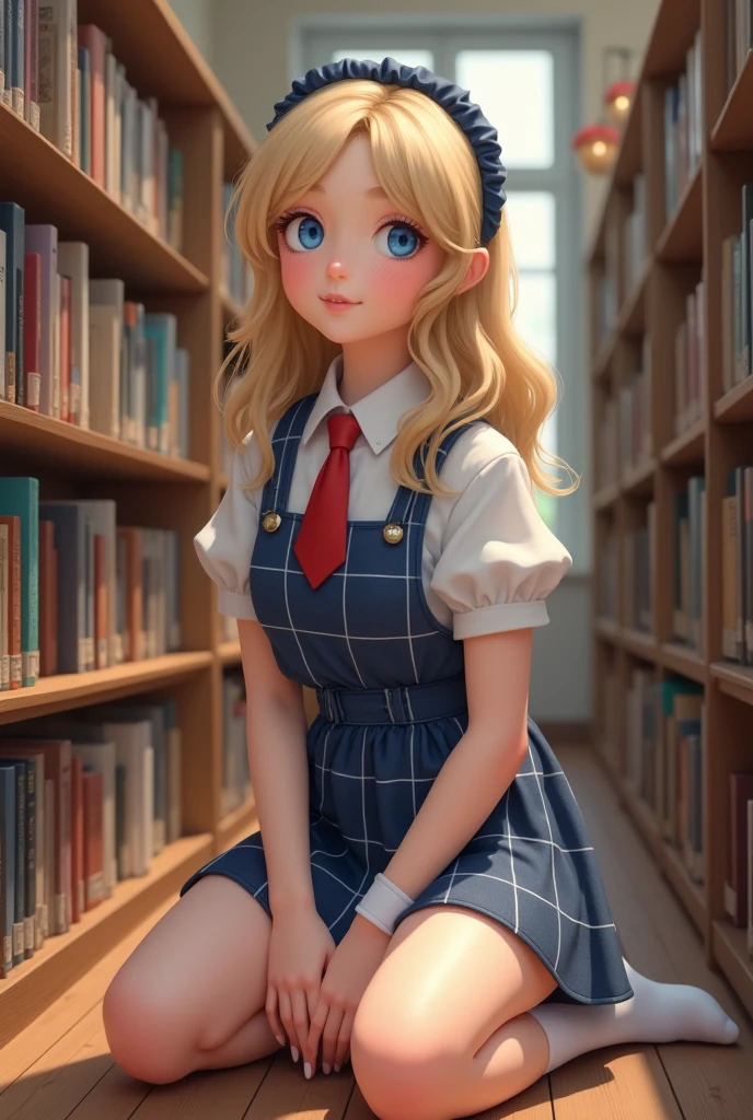(Masterpiece), (Realistic), (best quality), (8K), ultra-detailed, UHD, RAW, Scandinavian (young adult 18) woman, very cute woman, innocent woman, tan:1.4, round, realistic blonde hair, thin:1.3 arched eyebrows, realistic symmetric {blue:1.2} eyes, thin almond upturned eyes, round:1.4 cheeks, thin beautiful symmetric nose, small face, cheek dimples:1.4, arched chin, broad jaw, 150cm feminine body, wearing ({checkered navy_blue and white} micro mini skirt) and ({white} shirt) and ({red} mini tie), (navy_blue hairband), (white) stockings, socks, thigh highs, friendly and cute expression, at the library, sitting on the floor, knees apart, feet visible