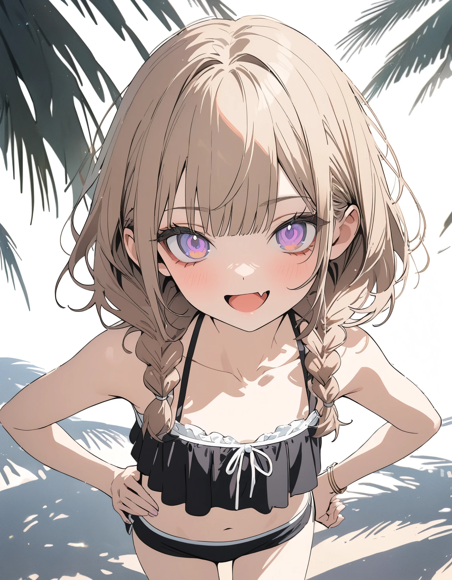 ((Masterpiece)), ((best quality)), (super detail:1.2), (High Definition:1.3), ((extremely detailed)), (8K), (Professional Photography:1.2), (very aesthetic:1.2), (absurdres:1.2), (flat color), (flat shading), (sharp focus), (perfect light), (drop shadow), (()), cute young Girl, Glossy medium hair, (loose blunt bangs), short braids, pale brown hair, ((red streaked hair)), highlights hair, winking eye, (glitter eyes), big eyes, (Beautiful pale purple eyes), (naughty smile), (open mouth), skin fang, (cute cheeks), glossy lips, pouty lips, bags under the eyes, (lower eyelashes), BREAK, ((Cute ruffled bikini)), dolphin shorts, (small chest), (Healthy slim body), bare arms, (Sparkling thin bangles), colorful, cute makeup, ((place hand on hip)), mysterious and elegant, (on the Beautiful beach), pandanus tree, (detailed background:1.2), (newest), clear line,