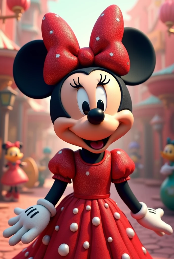 Minnie Mouse in a bright red dress with a red glitter bow