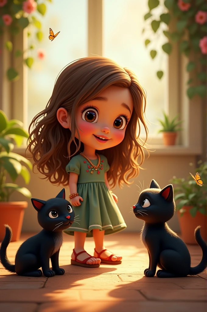 A girl with brown hair and two black cats Disney Pixar 