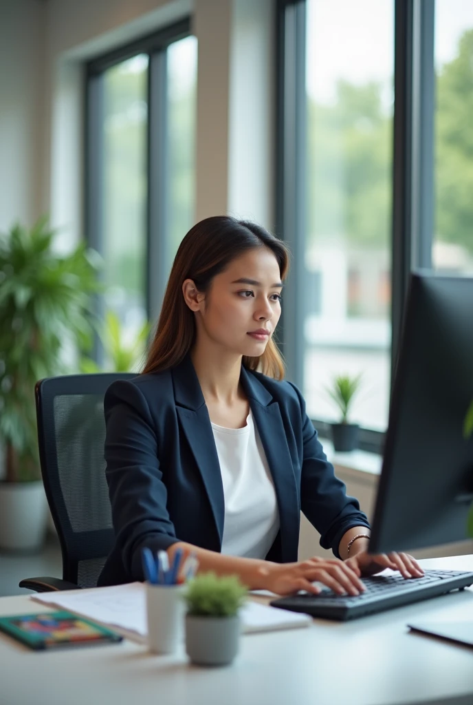 Corporate photo of woman with computer studying in 1470x1080px format