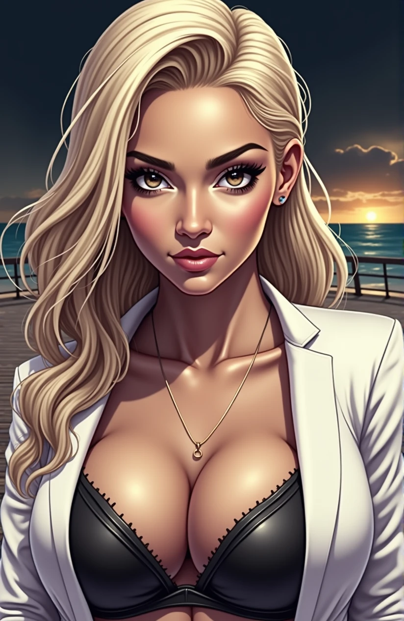 generate an action scene where a couple of lovers (a handsome black man and a Latin woman with dark chocolate skin) are on a boardwalk facing the sea, warm colors, be creative and achieve a book cover image