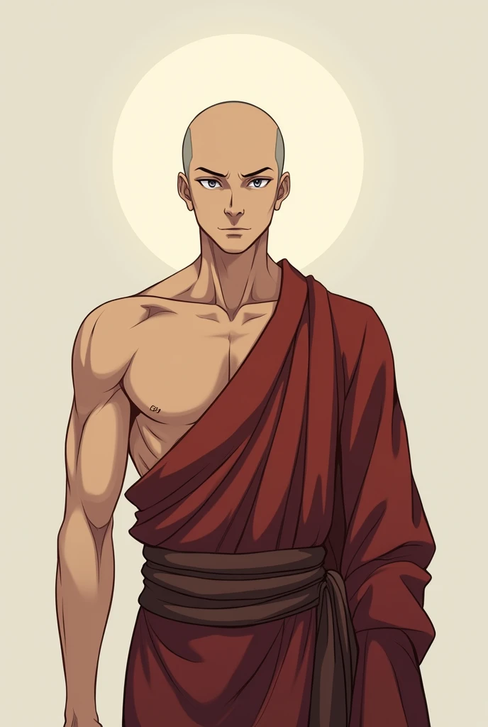 make a bald monk with silver eyes without a shirt with a well-defined body with approximately 1,70cm tall full body profile front view with anime style