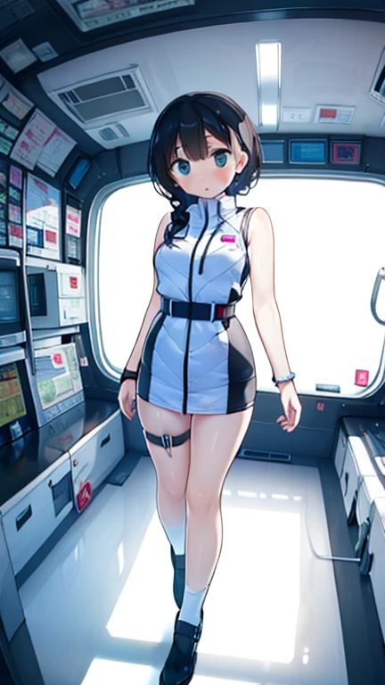 (Highest quality), (masterpiece), 1080P, High resolution, 4K, 8k, Inside the space station、Futuristic room、Thigh straps, Shooting from directly below, The woman on top of me, 白いSweat, Covered , Sweat, Woman looking down, Skirt swimsuit, Thigh-high socks, To achieve this, 16 years old, , whole body, Black leather shoes, Braided hair, Inner Color, Embarrassed face, Short black hair, bracelet, Bedroom,celestial body_Vest
