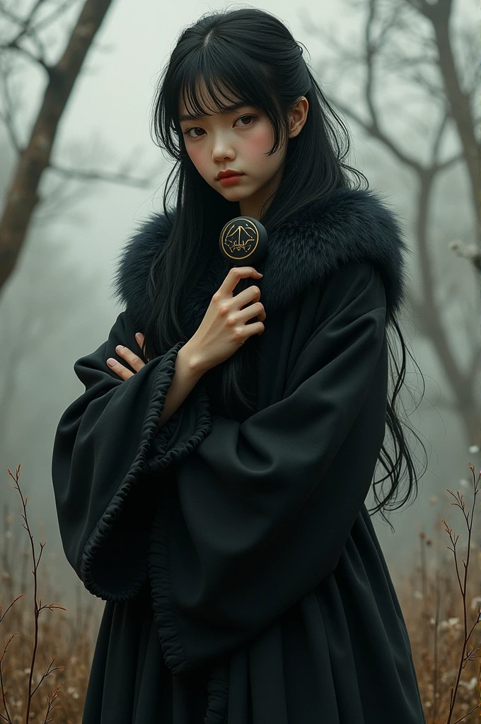 masterpiece,1 girl,Alone,black fur,under the chest, has, light_smile, ofuda, Crossed arms, Whole body, outdoor,