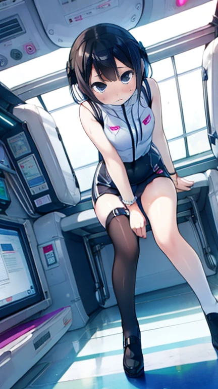 (Highest quality), (masterpiece), 1080P, High resolution, 4K, 8k, Inside the space station、Futuristic room、Thigh straps, Shooting from directly below, The woman on top of me, 白いSweat, Covered , Sweat, Woman looking down, Skirt swimsuit, Thigh-high socks, To achieve this, , , whole body, Black leather shoes, Braided hair, Inner Color, Embarrassed face, Short black hair, bracelet, Bedroom,celestial body_Vest
