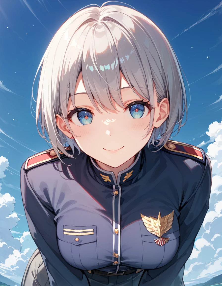 score_9, score_8_superior, score_7_superior,anime, High-resolution images,masterpiece,Highest quality、uniform、、Cute Face,Beautiful Skin,Shiny Hair、Short Hair、Gray Hair、smile、Leaning forward、Breast flash