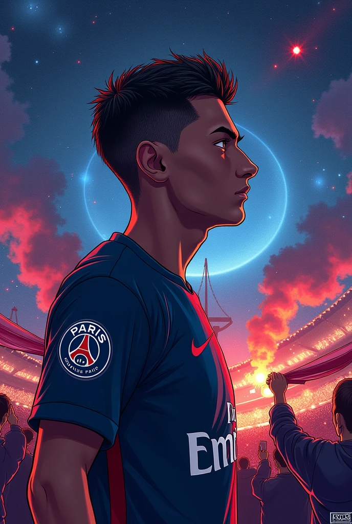 Un joueur de football en manga avec le visage assombri qui porte le maillot du paris saint germain dans l'espace avec des représentations des la ville de Paris qui réfléchit et qui se çoncentre en pensant à la ligue des champions et aux ennemis qui devra combattre pour arriver à son objectif avec en arrière plan,  des supporters brandissant des echarpes auteuil et des fumigènes. Image qui représente l'espoir la fidélité 
