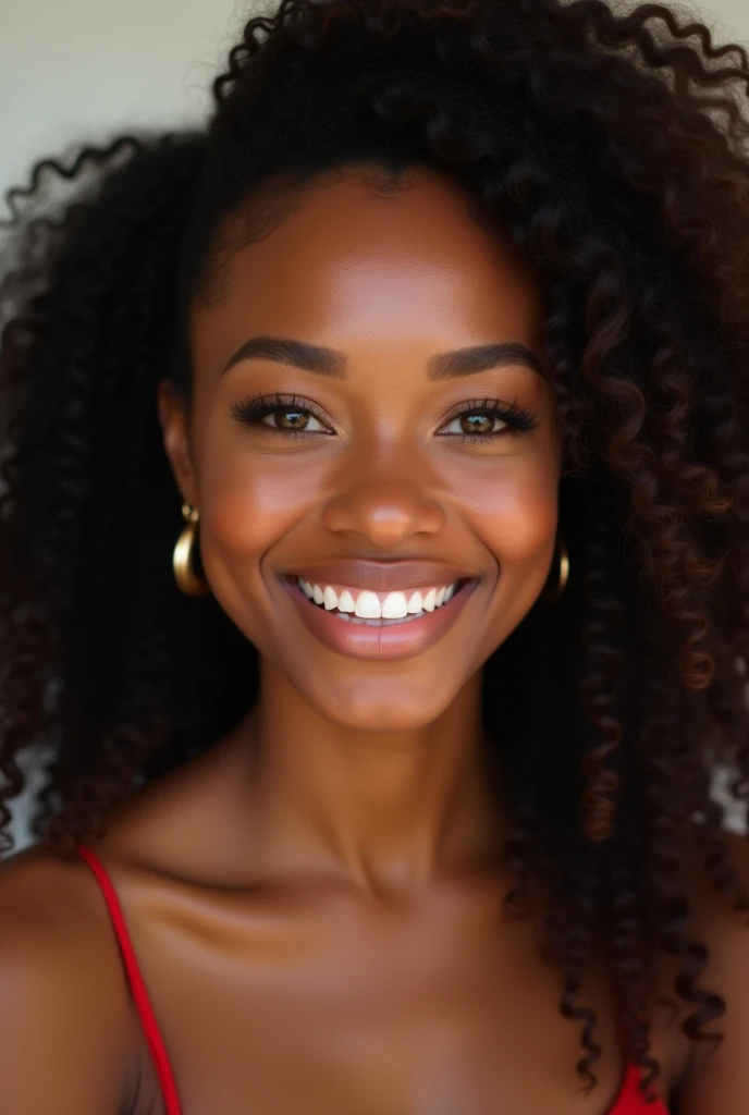 femme américaine de 26 ans , teint noir, affichant un teint lightskin éclatant. Elle est brune avec de longs cheveux bouclés avec baby hair qui tombent élégamment sur ses épaules. Son visage est d'une grande beauté, avec des traits délicats et harmonieux. beau sourire radieux et chaleureux qui illumine l'ensemble de son visage