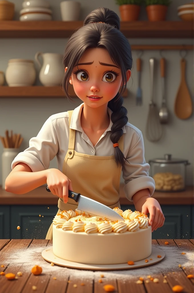 A female baker cutting a cake that falls apart when cut