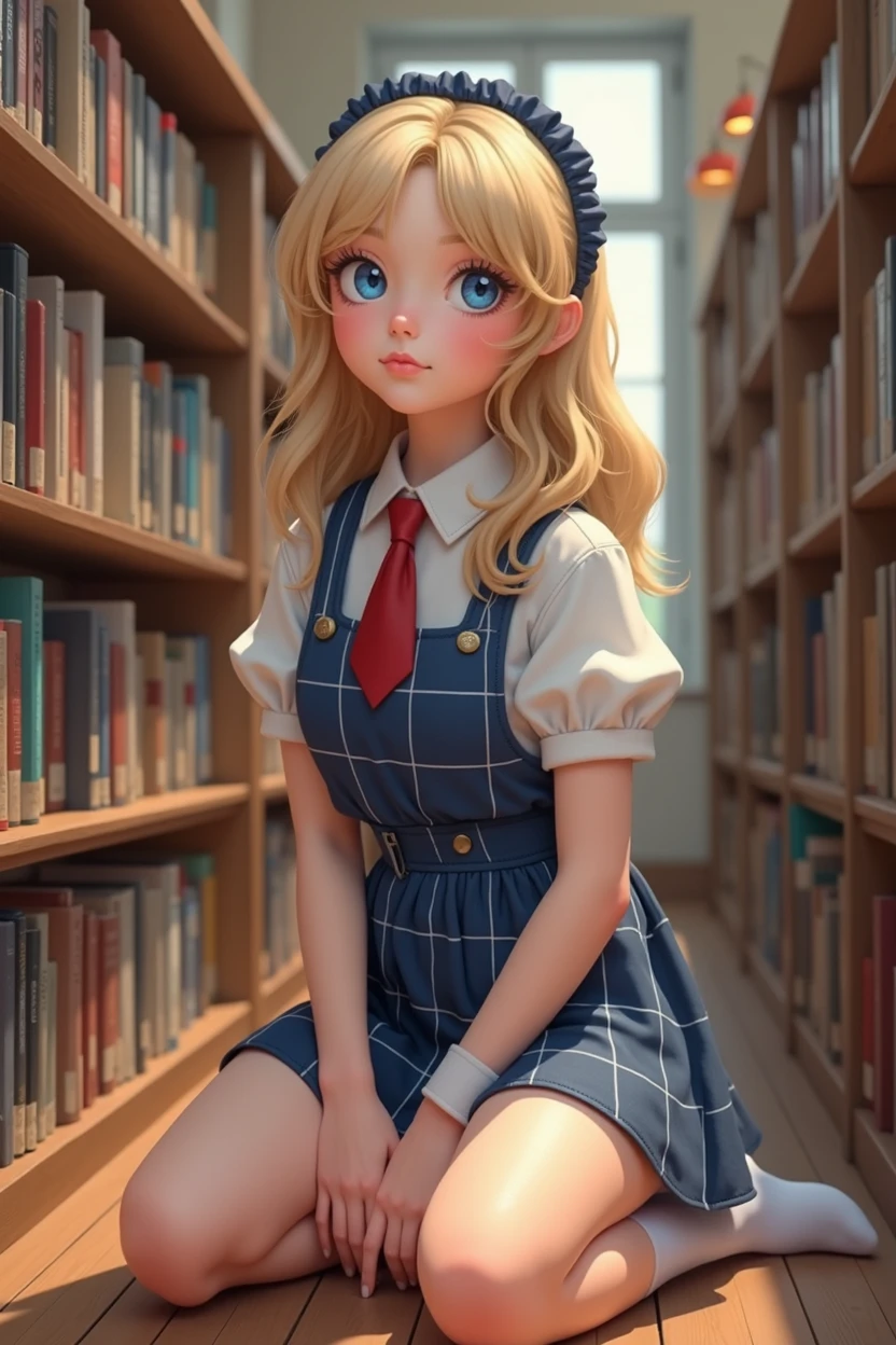 (Masterpiece), (Realistic), (best quality), (8K), ultra-detailed, UHD, RAW, Scandinavian (young adult) woman, very cute woman, innocent woman, tan:1.4, round, realistic blonde hair, thin:1.3 arched eyebrows, realistic symmetric {blue:1.2} eyes, thin almond upturned eyes, round:1.4 cheeks, thin beautiful symmetric nose, small face, cheek dimples:1.4, arched chin, broad jaw, 150cm feminine body, wearing ({checkered navy_blue and white} micro mini skirt) and ({white} shirt) and ({red} mini tie), (navy_blue hairband), (white) stockings, socks, thigh highs, friendly and cute expression, at the library, on her knees on the floor