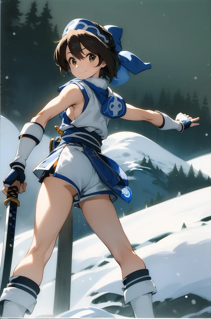 masterpiece,ultra detail,best quality,girl,flat chests,Rimururu,ice,sideboob,outdoor,snow mountain, gloves, shorts, fingerless gloves, white shorts, shoes, hair between eyes, ainu clothes, blade,hold katana,stylish pose,smile,standing