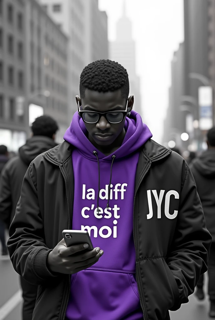 a black skin guy with a bluetooth headset and glasses on his phone he alone in color the rest in black and white he is in the city center he is dressed in purple on his sweater it is written 'la diff c'est moi' he looks at his phone. realistic 8k .  he is between 14-18 years old he has short hair  bit of muscle he is in color in the middle of lots of people in black and white he is the only one in color his skin is not too dark his skin is colored also he wears a criminal hood where it says 'JYC' very short hair he wears a criminal hood 
