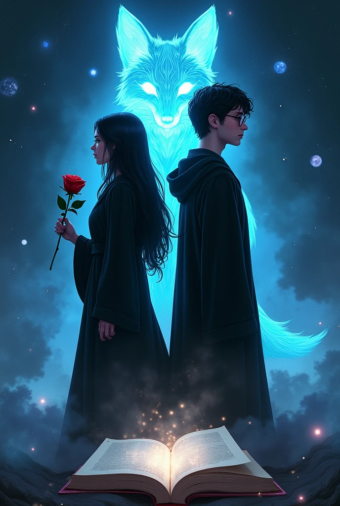 Perselus Pitonnak, the head of Slytherin house must be in the picture, in a black robe, long, egyenes fekete hajjal, with a red rose in her hand, and Harry Potter's 17-year-old self, in glasses. crown on his head. The two characters should stand with their backs to each other. In the background is a blue glowing fox in the middle, similar to protective charms, outer space, the shooting stars, the smaller planets and the two characters have one open, it must be on a blank book. THEY ARE ANONYMOUS should appear at the top of the image.
