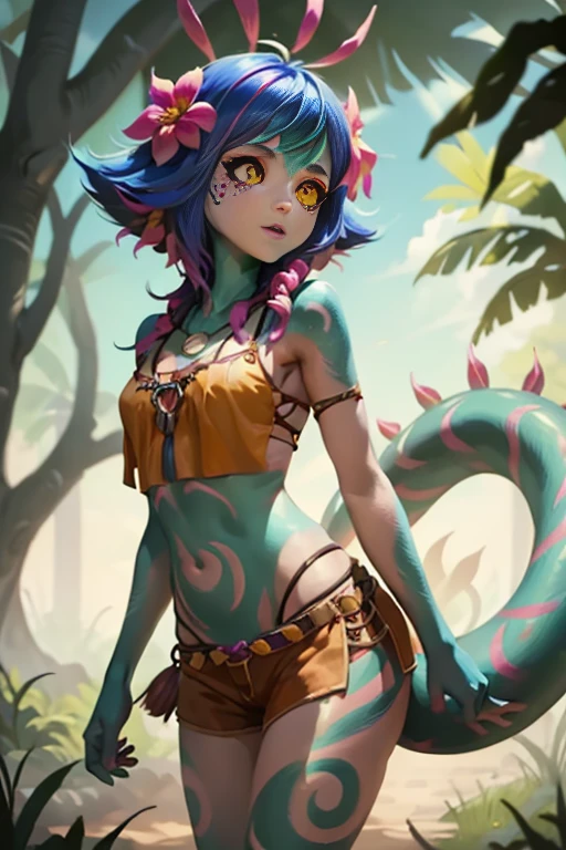 Neeko, 1girl, facial marks, hair ornaments, hair flower, necklace, brown shorts, crop top, multicolored skin, lizard tail, body paint, yellow eyes, cowboy shot, perfect anatomy