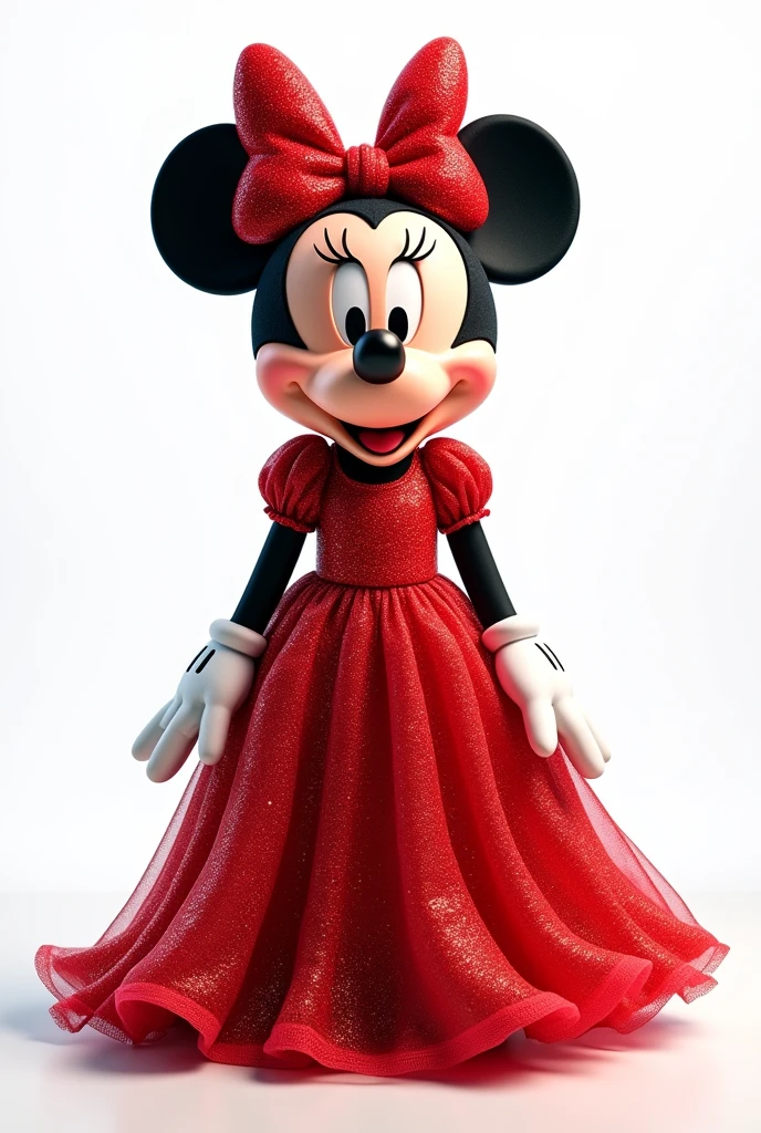Minnie Mouse in red sparkly dress with red glitter bow standing with white background