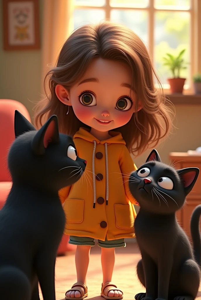 A young girl with brown hair and two black cats Disney Pixar