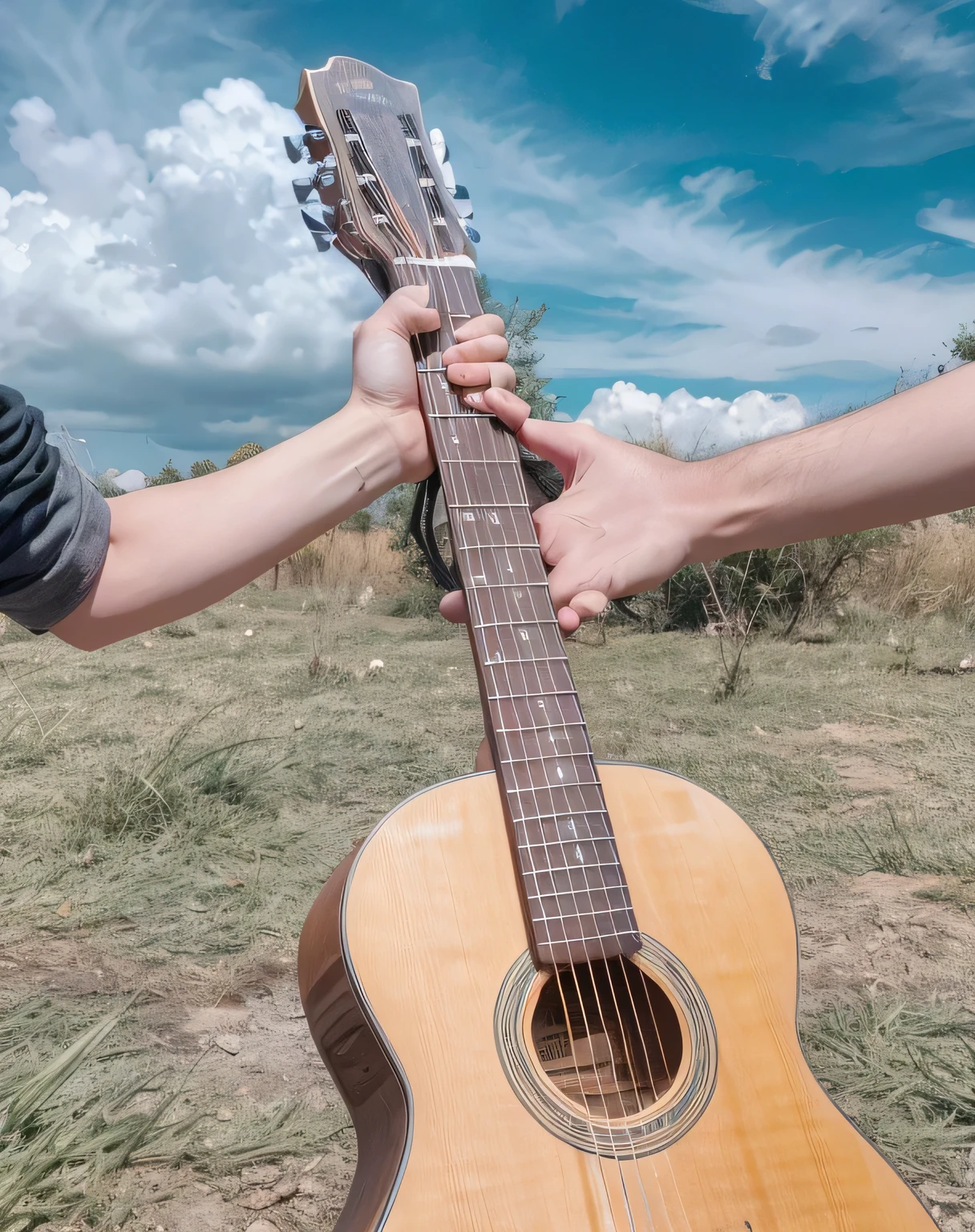 a hand handing a guitar to another hand in a green field