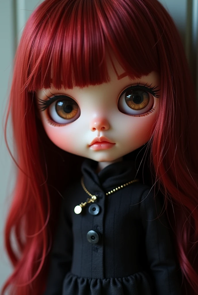 Blythe doll with dark red hair with side bangs on the right and chest length hair, light brown eyes and pale brown skin and emo style