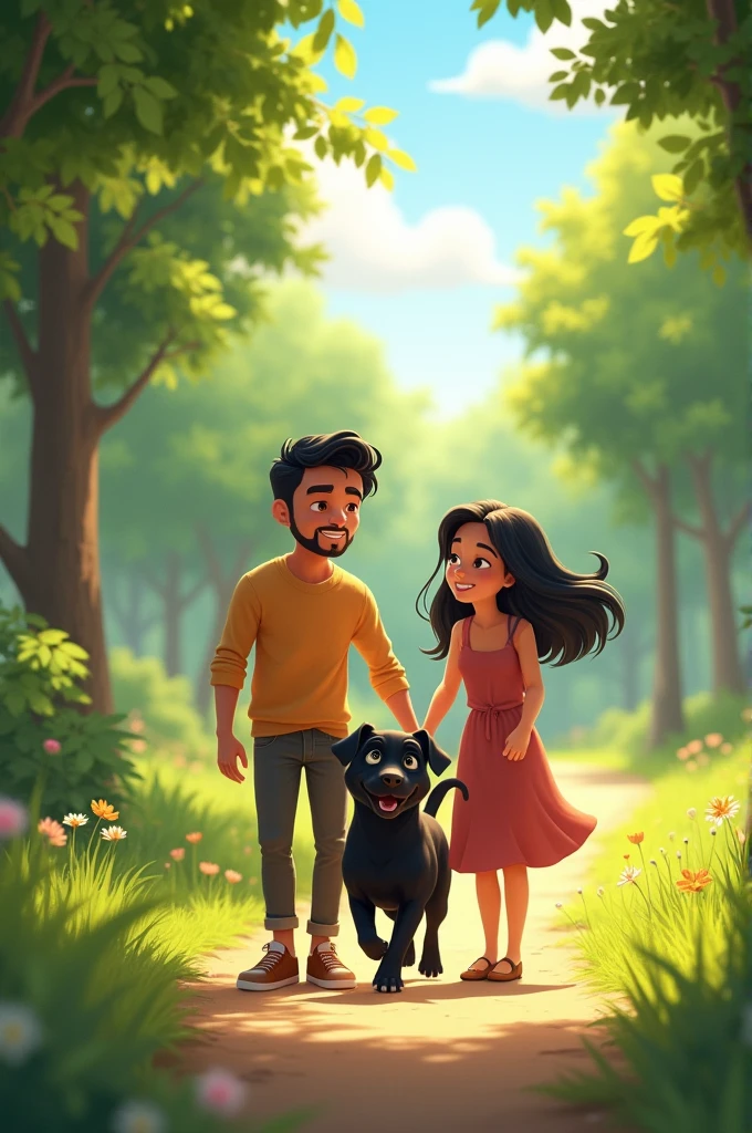 Dark brown haired man, black haired woman with black labrador retriever puppy in a park, pixar
