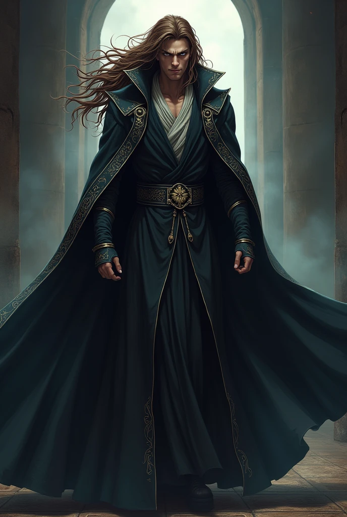 Braunhaariger Mann, Long hair, arrogant, in magical robe, dark atmosphere, mischievous grin, Antiquity, Anime Style