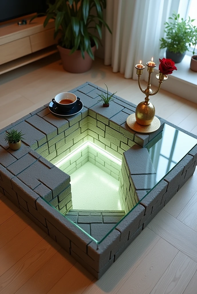 Small square coffee table handcrafted, featuring a reflective glass top that creates a stunning visual effect resembling an endless tunnel, lit from the inside with warm white LED lighting. The sides are covered with a material that simulates the appearance of grey bricks with a three-dimensional texture.. The table is decorated with simple decorations such as small plants, a golden candlestick containing a red rose, and a coffee cup.. The table is placed on a light-colored wooden floor.. The table design combines simplicity and elegance with a touch of modernity, making it a distinctive piece of art in any room.